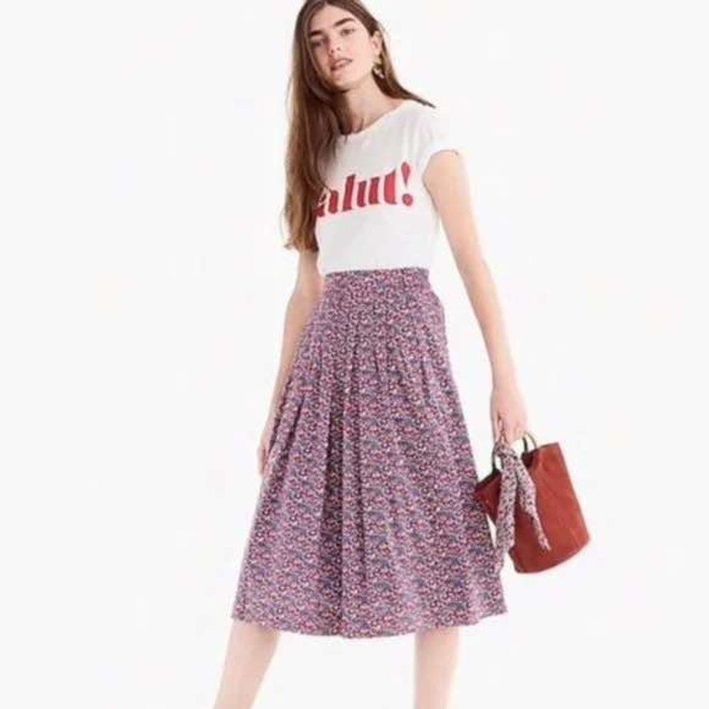 J. Crew Liberty London Red Betsy Ann Micro Floral Pleated Midi Skirt Size 4